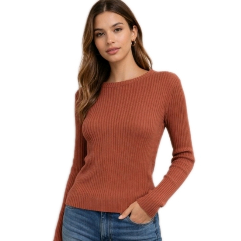 VINCE Women's Ribbed Crew Neck Sweater in Rust Size MED